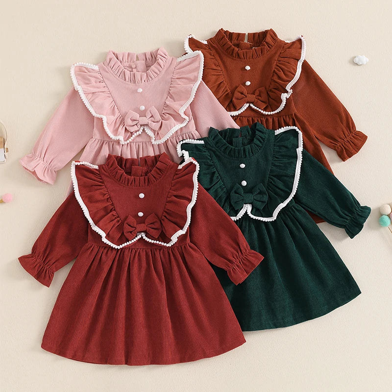 Children's Clothing Kids Girls Princess Dresses Elegant Ruffles Long Sleeve Bowknot Party A-line Dress