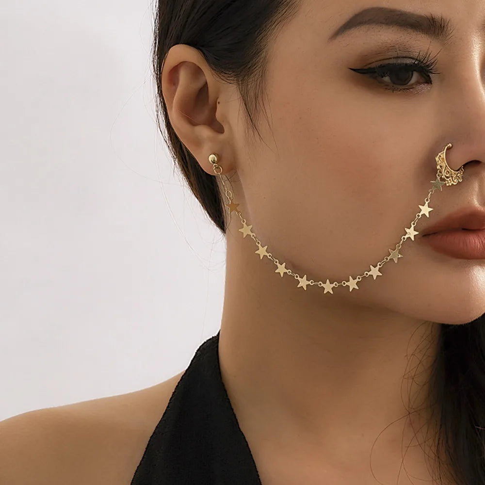 Indian Style Nose Chain Earrings Nose Clip For Women Pearl Butterfly Tassel Nose Ring Non Pierceing Dangle Earrings Jewelry  indian jewellery