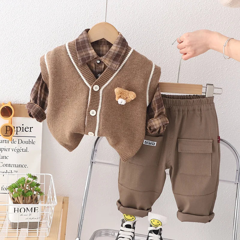 Autumn Winter 3pcs Baby Knitted Sweater Vest Plaid Shirt Pants Set Children's Cartoon Casual Suits Kids Comfortable Outfit 1-4Y infants boys