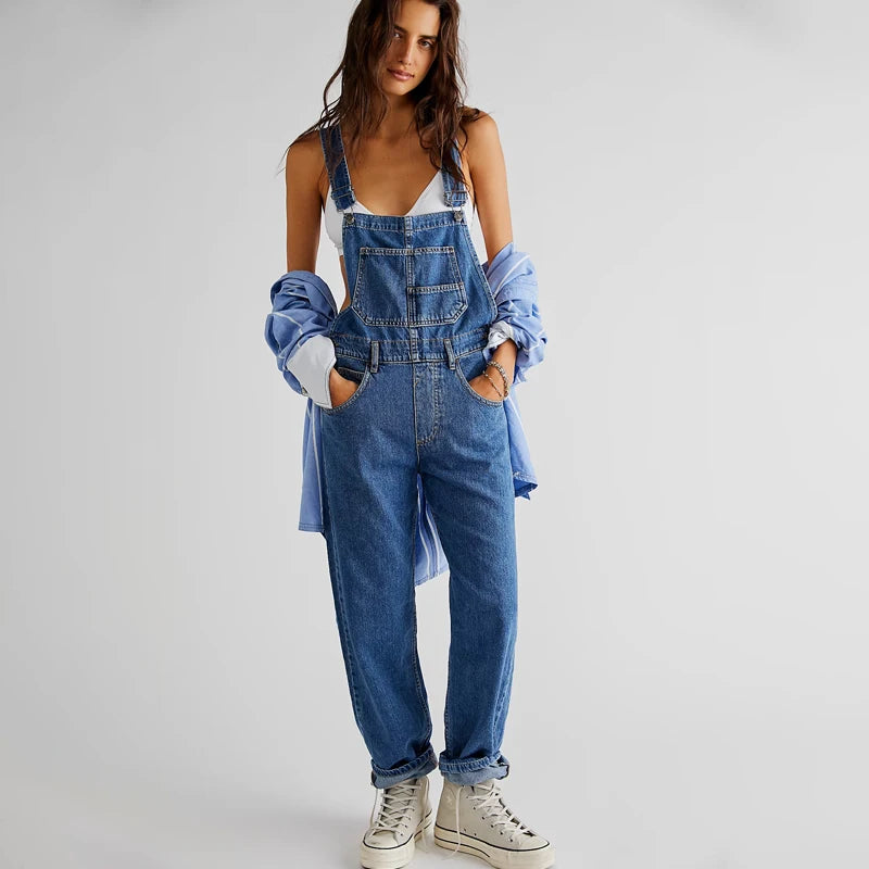 Washed Denim Overalls For Women, Internet Celebrity Style, Age-reducing, Loose Wide-leg Floor-length Trousers, jumpsuit