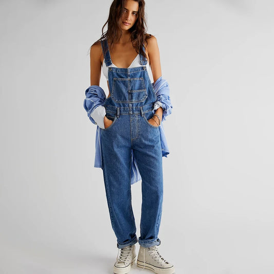 Washed Denim Overalls For Women, Internet Celebrity Style, Age-reducing, Loose Wide-leg Floor-length Trousers, jumpsuit