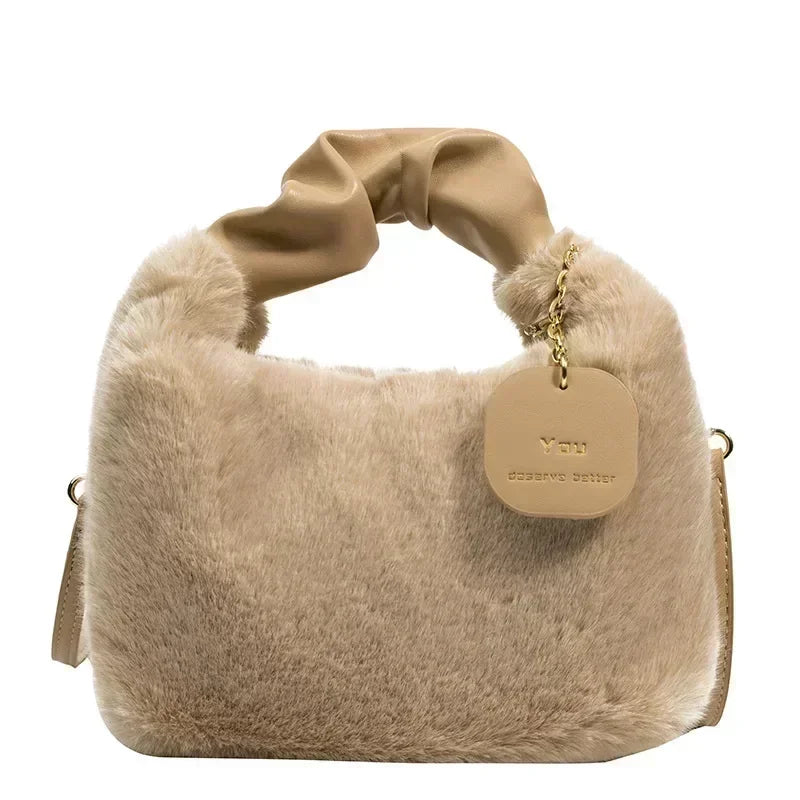 New Fashion Women Lady Shoulder Underarm Bag Solid Color Soft Plush Handbag Fluffy Totes Purse Autumn Winter Shopping Bags