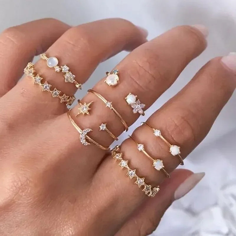 10Pcs Rings Suit For Women Silver-color Chain Ring Set Bohemian Style Coin Snake Moon Star Party Trend Gift Jewelry  rings