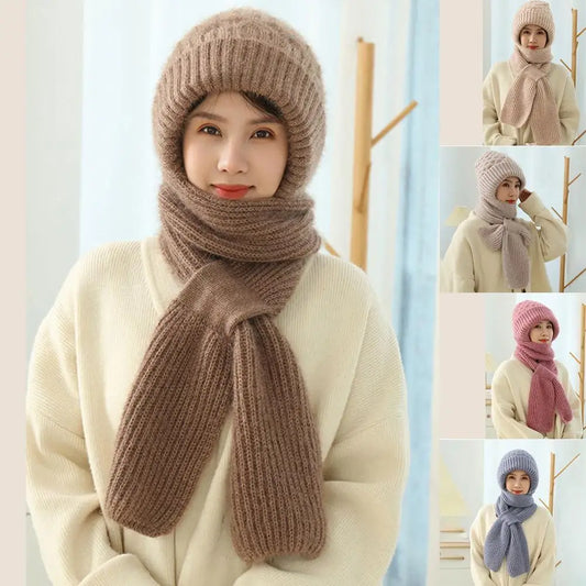 Hat Scarf All-in-one Female Winter Warm Rabbit Hair Knitted Cap Cycling Ear Protection Padded Cute Cold-proof Neck Cap