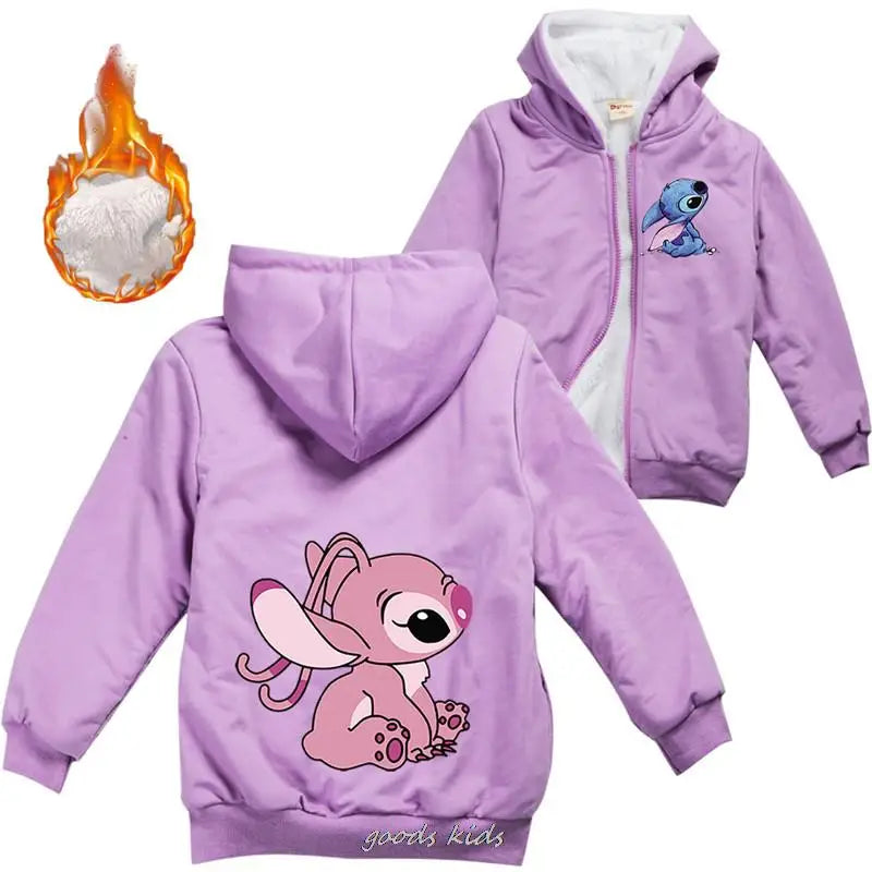 Lilo And Stitch Kids Jackets Boys Winter Thick Coats Warm Fur Outerwear For Youth Girls Hooded Jacket Children's Clothes 2-16Y  girls jackets and coats