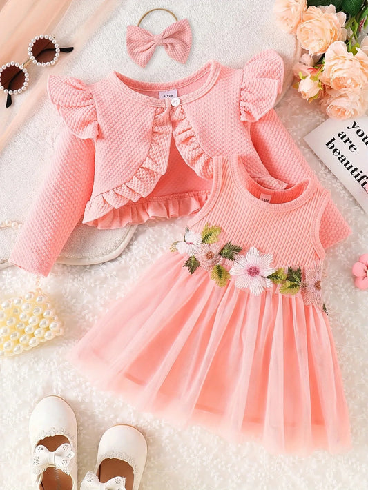 Baby Girl Summer Waist Flower Tank Top Mesh Dress+Same Color Coat and Same Color Hair Accessories Sweet Set infants girls