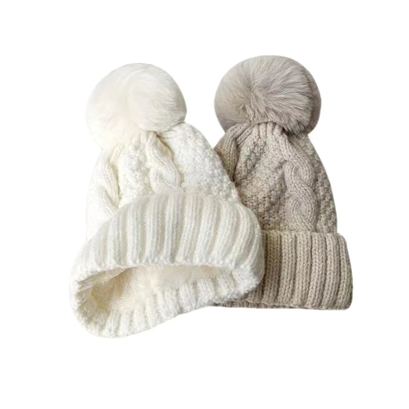 New Winter Twist Knitting Hat For Women Fur Pompom Thick Plush Cap Beanie Solid Color Ladies Warm Ski Snow Skullies Beanies caps