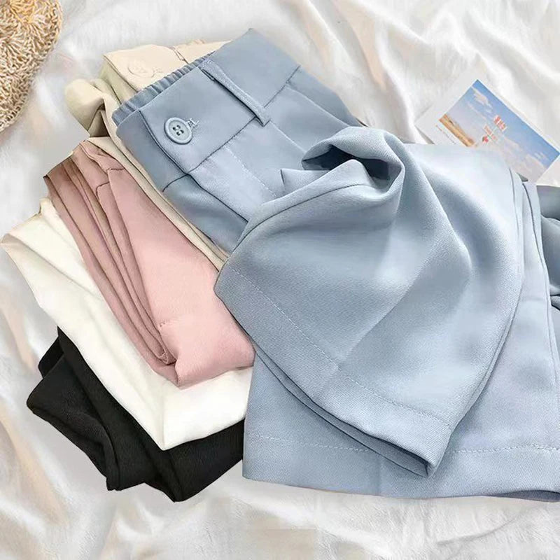 Women Fashion Suit Pant High Waist Casual Loose Straight Solid Trouser Office Lady Streetwear Button Up Elastic Nine Points Pant bottom