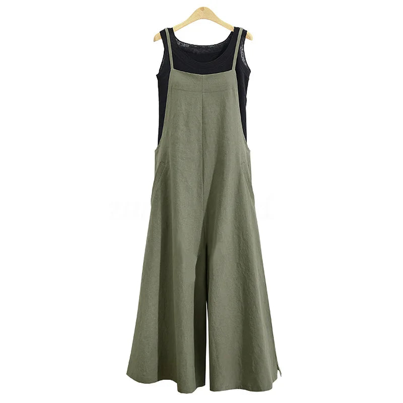 Women Casual Wide-Legged Jumpsuit Cotton Linen Breathable Sleeveless One-Piece Loose Long Jumpsuit