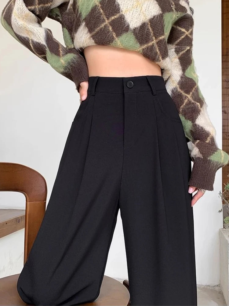 Fashion High Waist Wide Leg Pants Women Spring Fall Baggy Black Trouser Office Ladies Full Length Straight Suit Pant Outwear New bottom