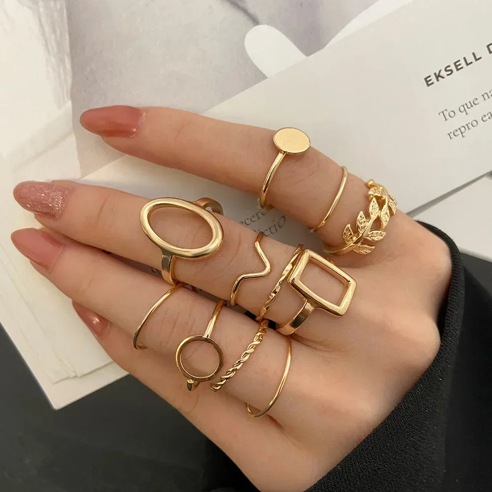 10Pcs Rings Suit For Women Silver-color Chain Ring Set Bohemian Style Coin Snake Moon Star Party Trend Gift Jewelry  rings