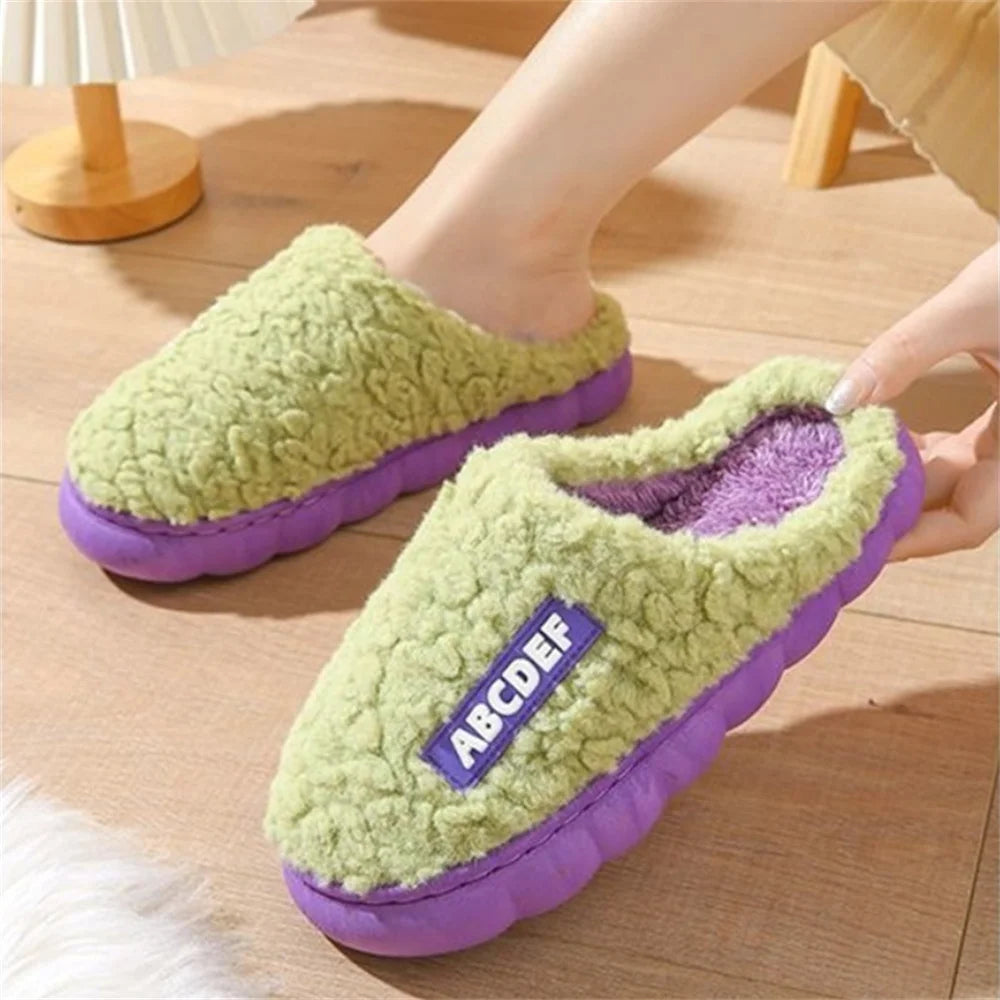 Women Winter Warm Home Slippers Thicken Indoor Boy Girl Floor Slides Plush High Heels Fur Cotton Shoes Ladies Couples Slipper