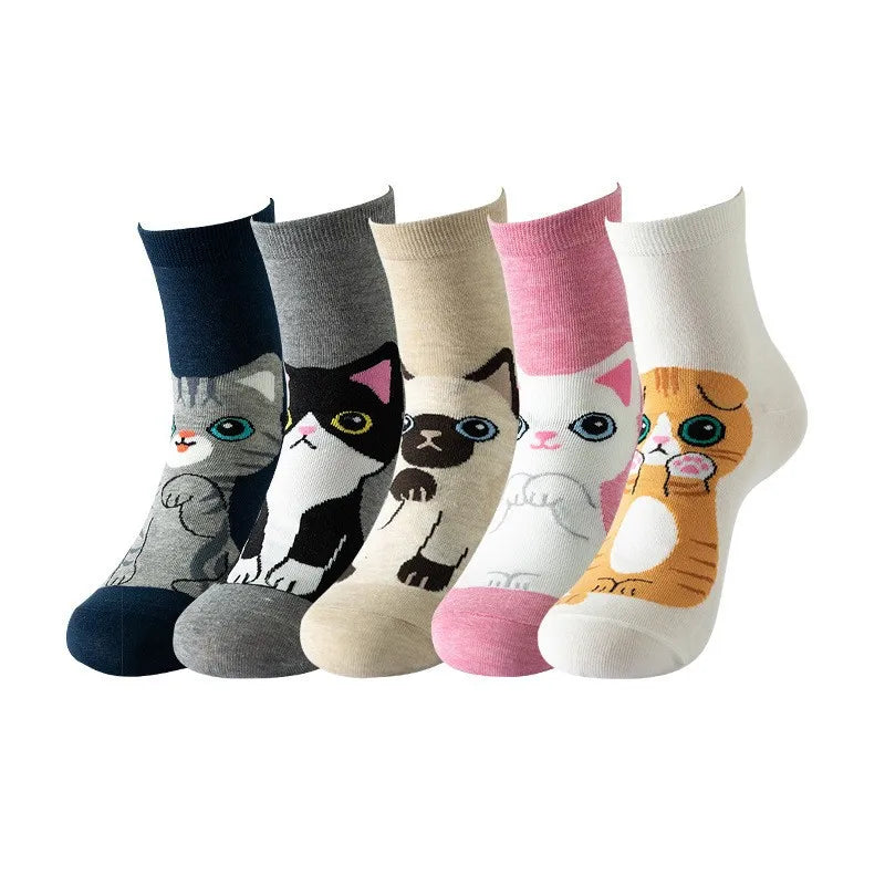 5 Pairs Women Socks Cartoon Cat Cute Funny Personality Soft Comfortable Chrismas Gift High Quality Cotton Socks For Women Socks