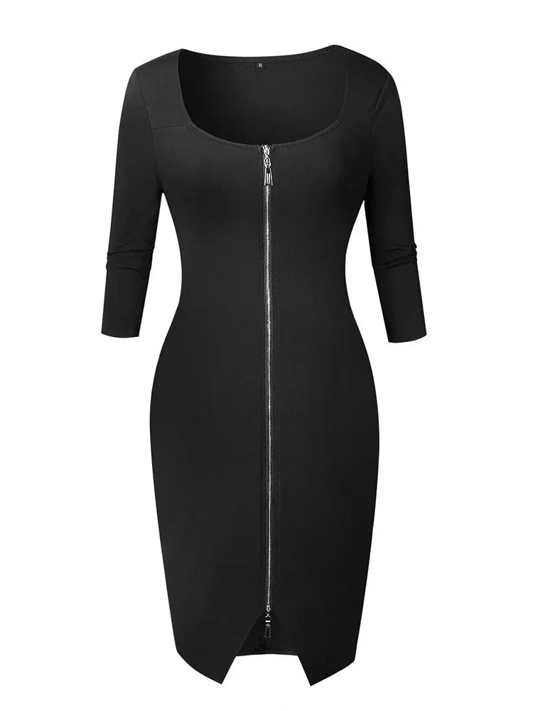 Sexy Long Zipper Girdling Waist Slim Bodycon Dress Women Half Sleeves Solid Color Skinny Dress Elegant Club Party Vestidos long dress