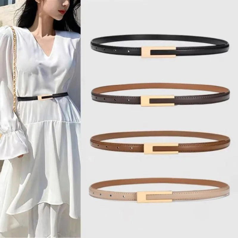 Women Korean Fashionable PU Leather Thin Waist Strap Metal Accessories Basic Belt Women Casual Porous Adjustable Fashion Belt