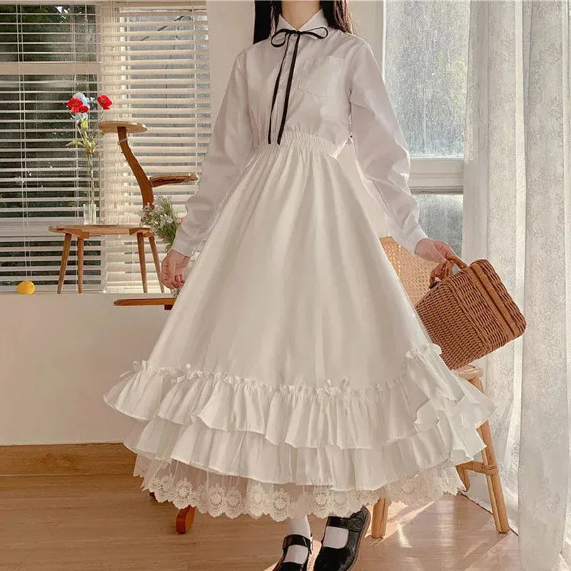 Japanese ruffles pleated skirt woman sweet high waist loose Ankle-length skirts women college style black patchwork A-line skirt