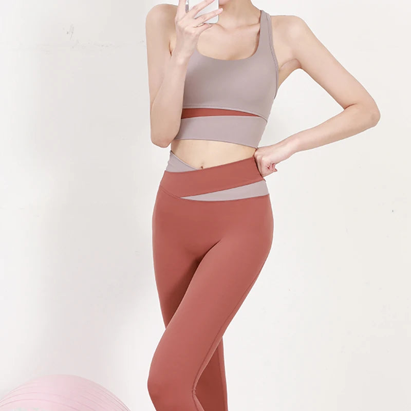 High Waist Yoga Set Lady Gym Suit Sport Set Shockproof Sport Bra Crop Top Patchwork Tracksuit Women Fitness Outfit Training Wear sports