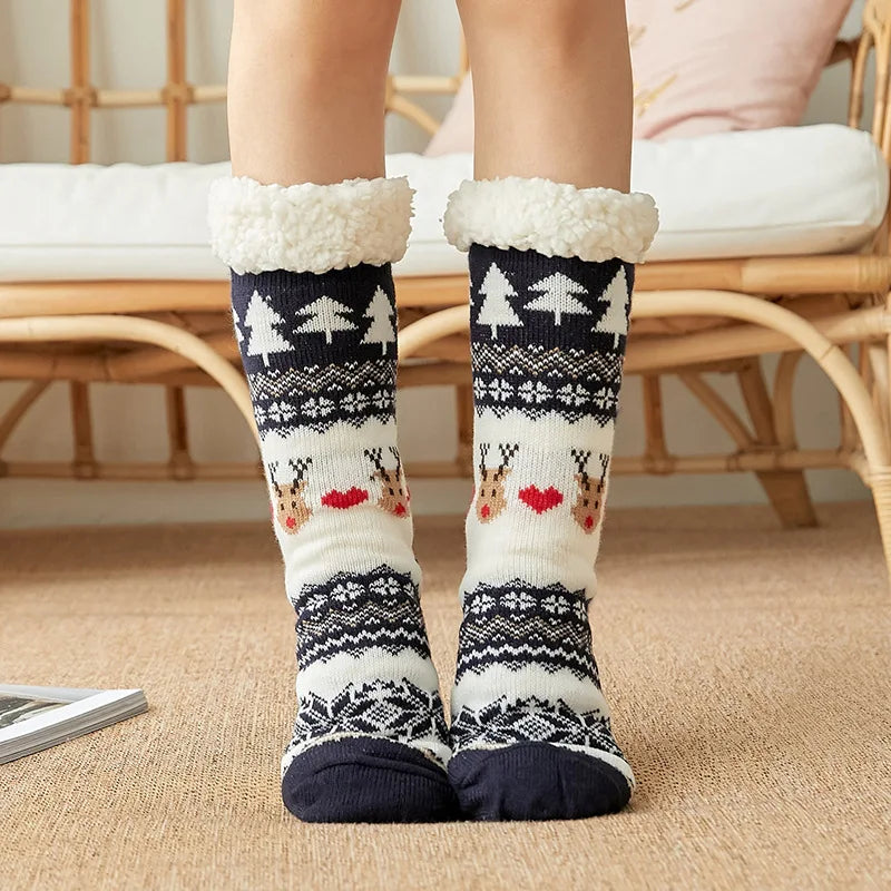 Winter Warm Socks Women penguin Plush Soft Female Non Grip Floor Slippers Short Sock Fuzzy Fluffy Deer Elk Bear Christmas Gift Socks