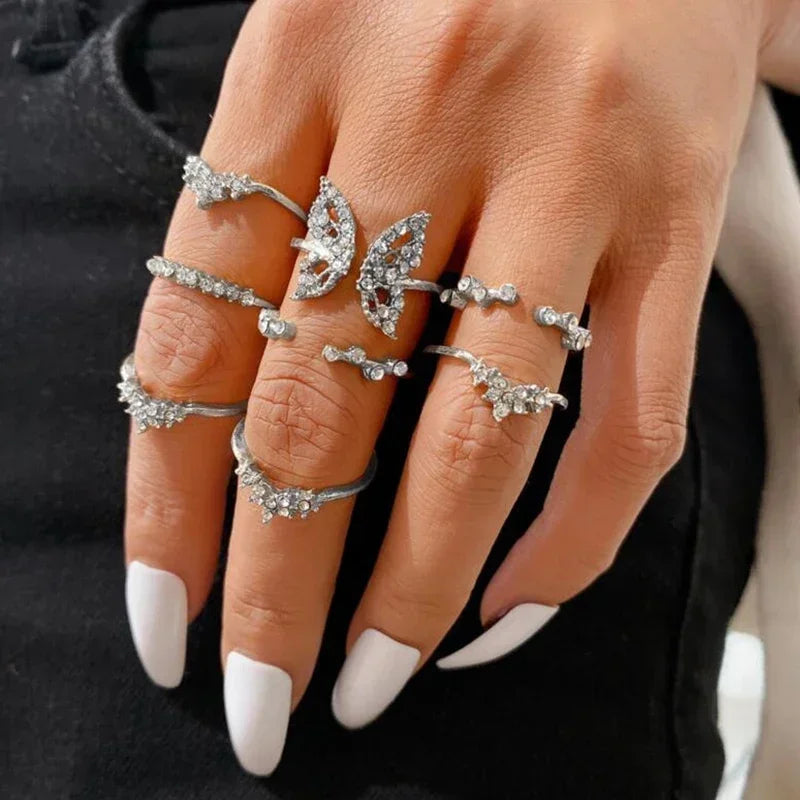 10Pcs Rings Suit For Women Silver-color Chain Ring Set Bohemian Style Coin Snake Moon Star Party Trend Gift Jewelry  rings