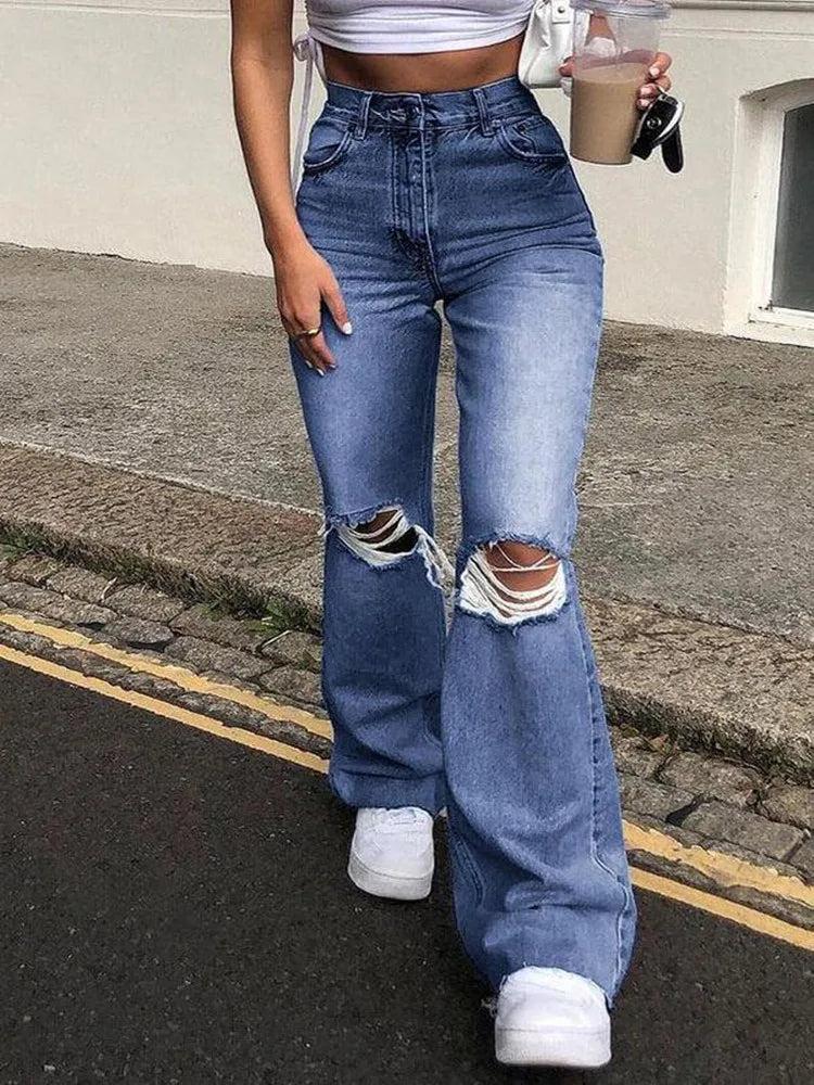 New High Waist Ripped Boot Cut Jeans For Women Fashion Stretch Knee Ripped Denim Flared Pants Casual Female Trousers