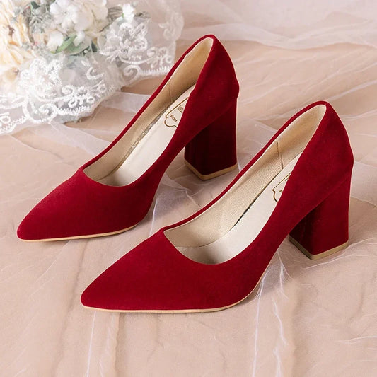 Red Wedding Shoes for Women  Spring/Summer/Autumn New Pointed Thick Heels Not Tiring Feet heel shoes