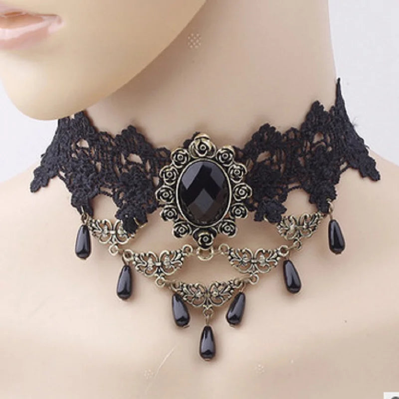 Gothic Victorian Black Lace Necklace Women Girl Boho Crystal Tassel Sexy Lace Choker Dark Loli Style Jewelry  necklace