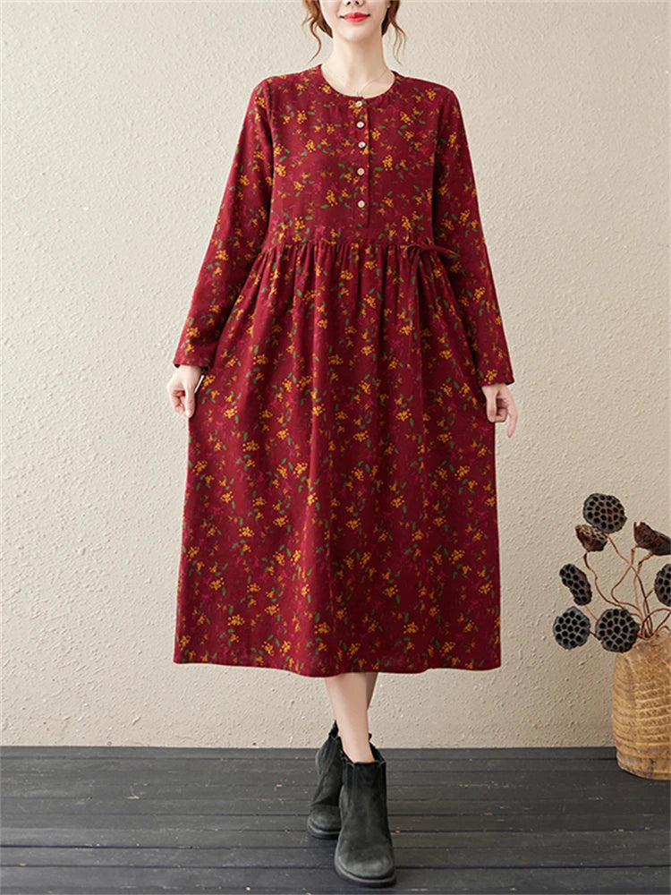 Long Sleeve Cotton Linen Vintage Floral Print Dresses For Women 2024 New Spring Autumn Casual Dress Robe Femme Elegant Clothing long dress