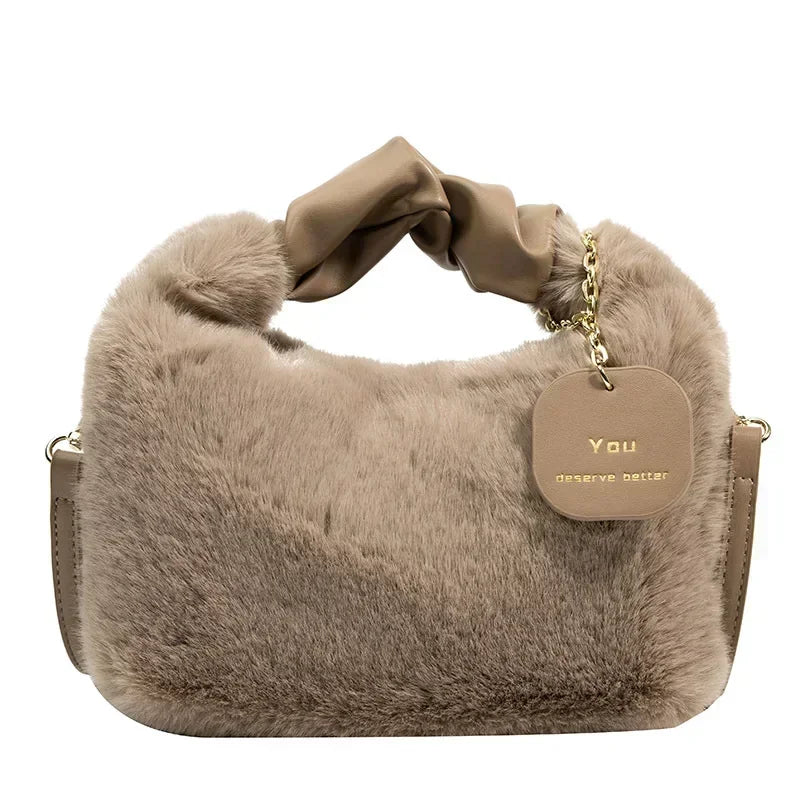 New Fashion Women Lady Shoulder Underarm Bag Solid Color Soft Plush Handbag Fluffy Totes Purse Autumn Winter Shopping Bags