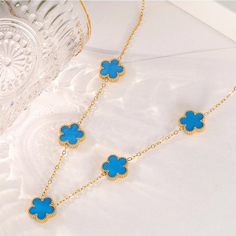 14K Gold Plated Stainless Steel Necklace Woman Five Leaf Petals Double Sided Necklaces for Women Pendant Flower Clover Jewelry  necklace