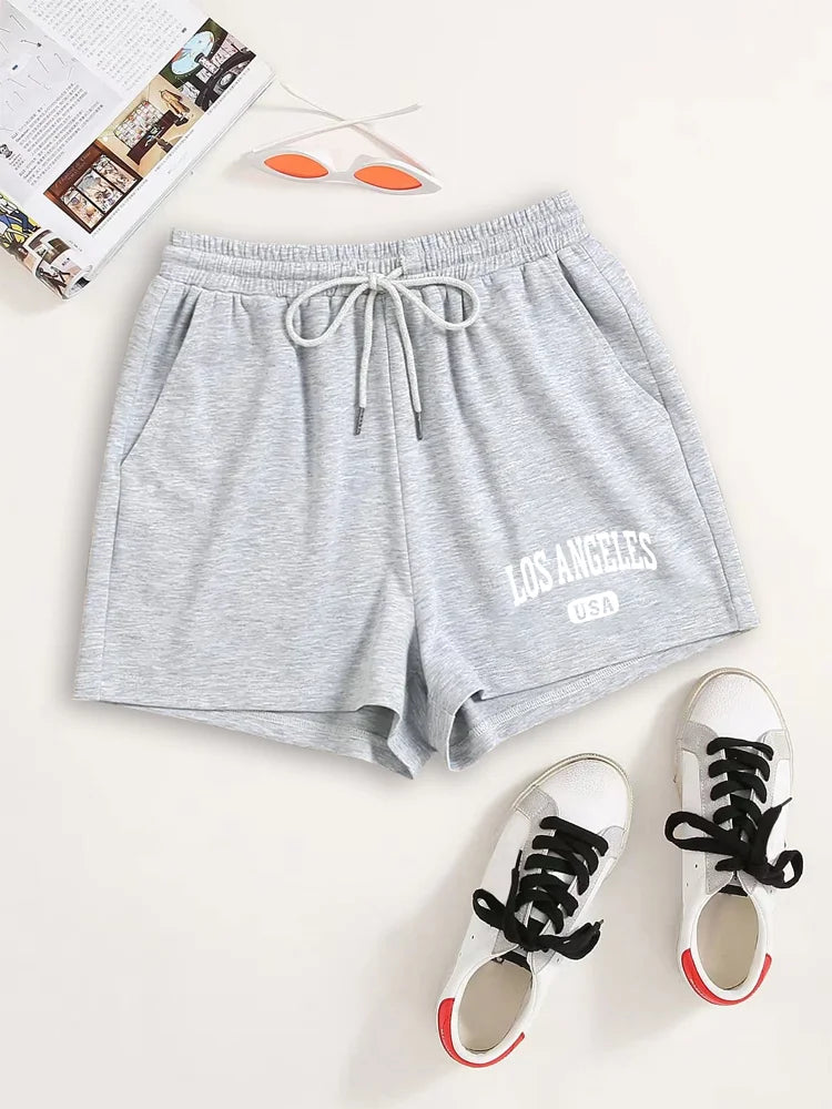 Letter Print Drawstring Shorts, Casual Slant Pockets Shorts For Spring & Summer, Women's Clothing shorts