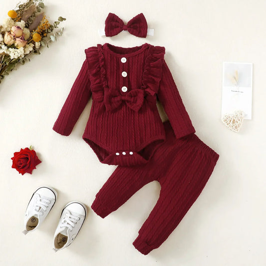 3Pcs Newborn Clothes Set Baby Girl Romper + Bow Fashion Long Sleeve Spring Autumn Winter 3 6 9 12 Months Infant Clothing infants girls