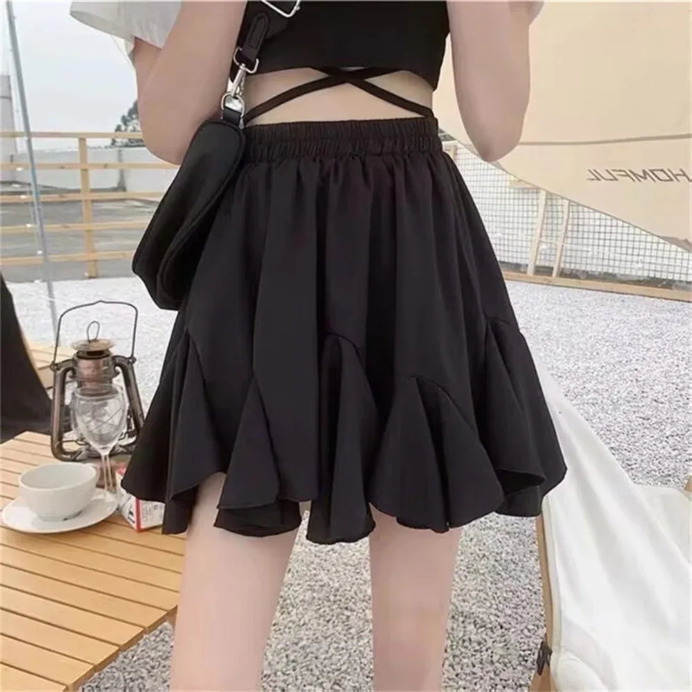 New Ruffled Skirt Elastic Waist Thin Women A-line Pleated Puffy Preppy Style Solid Color skirt