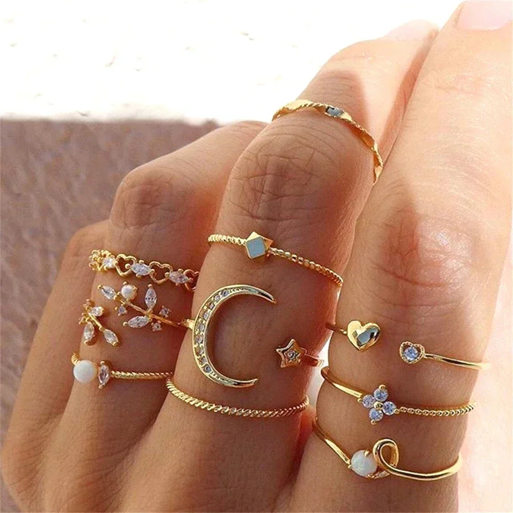 10Pcs Rings Suit For Women Silver-color Chain Ring Set Bohemian Style Coin Snake Moon Star Party Trend Gift Jewelry  rings