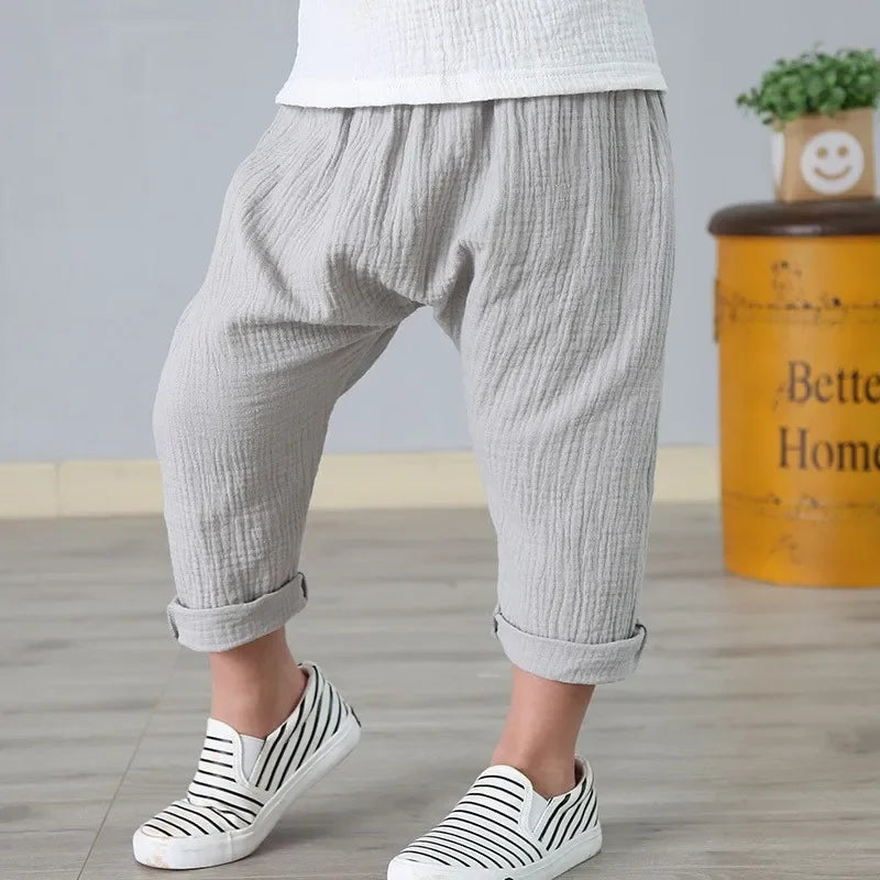 Kids Pants Boy Girl Summer Solid Color Linen Pleated Trousers Children Ankle-length Pants for Baby Casual Harem Pants  bottom boys