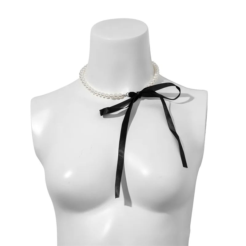 Imitation Pearl Beaded Choker Fashion Black Velvet Adjustable Bow Necklace Banquet Wedding Jewelry  necklace