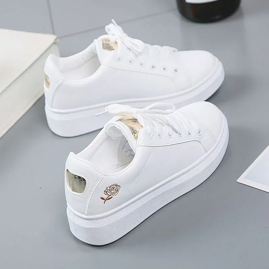 Women Leather Pu Casual Shoes New 2024 Woman Shoes Fashion Embroidered White Sneakers Breathable Flower Lace-Up Women Sneakers