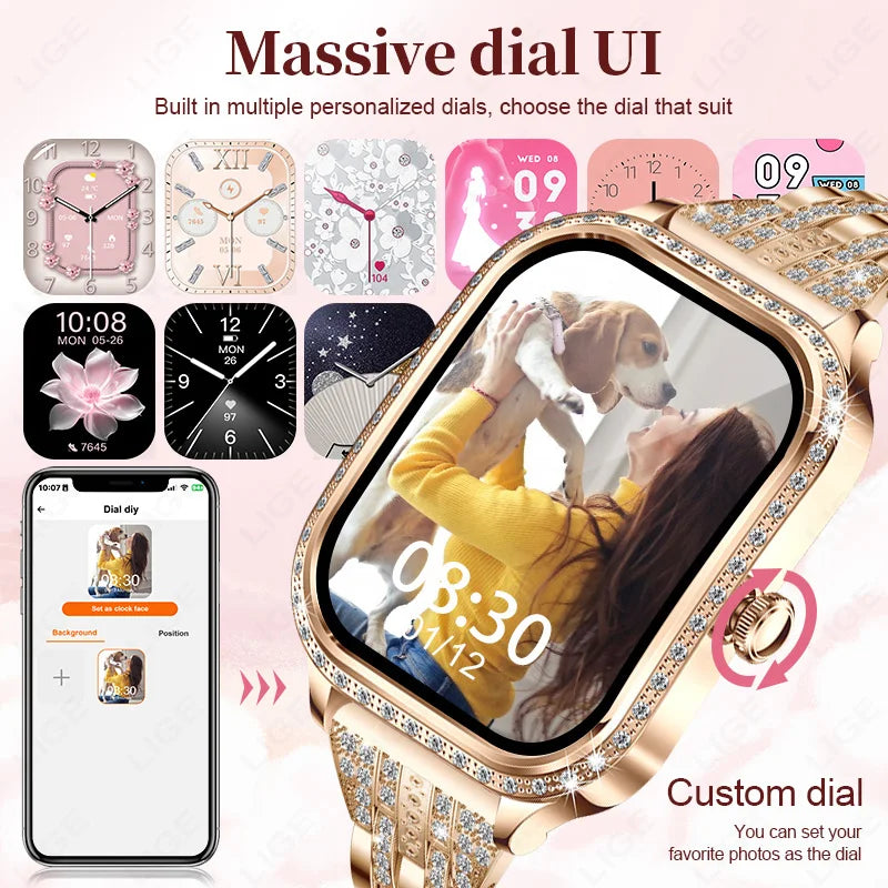 Fashion Women Smart Watch 1.75inch Curved Screen Sport Bracelet BT HD Calling Clock IP68 Waterproof Diamond Case Smartwatch watch