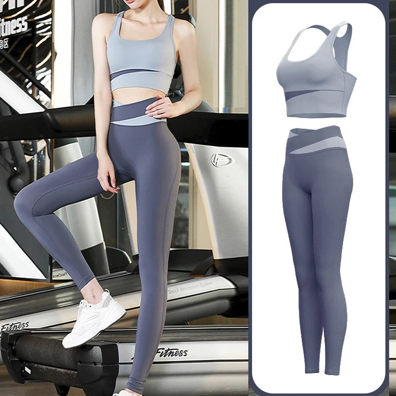 High Waist Yoga Set Lady Gym Suit Sport Set Shockproof Sport Bra Crop Top Patchwork Tracksuit Women Fitness Outfit Training Wear sports