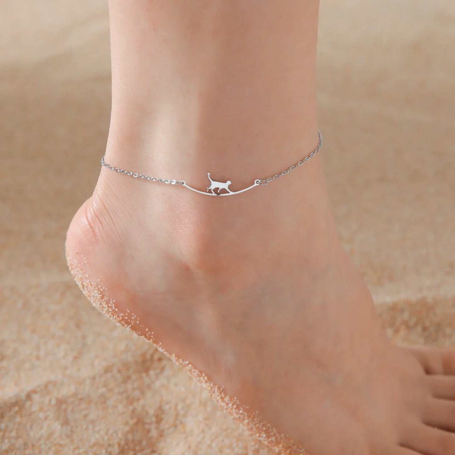 Tiny Korean Chain Cat Charm Anklet For Women Gold Color Leaf Heartbeat Silver Plating Cat Feet Charm Summer Anklet Jewelry anklet