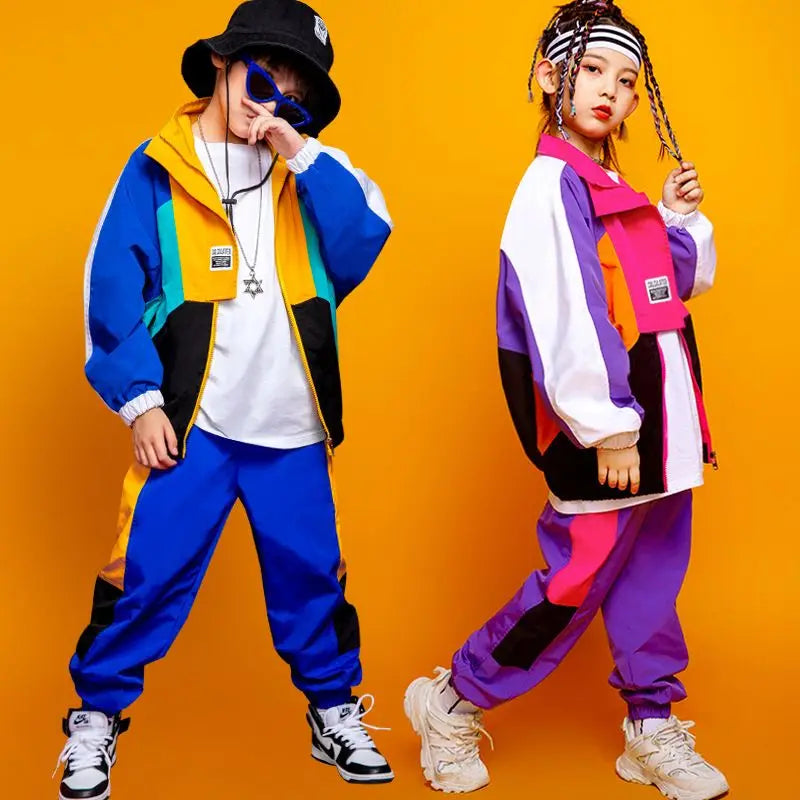 Boys Hip Hop Contrast Coat Girls Jazz Joggers Clothes Set Kids Street Dance Patchwork Jacket Sweatpants Child Costume Streetwear boys dress