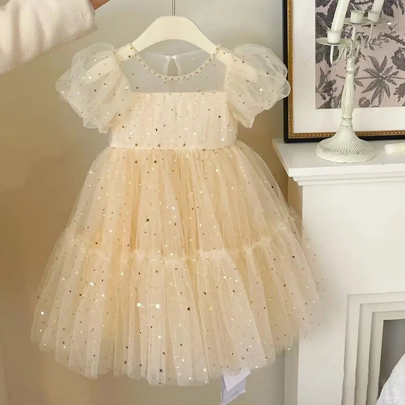 Summer Dresses Girls' Elegant Dress Girl Baby Bubble Sleeve Mesh Sequin Dress Temperament Princess Party Short Sleeve Dress girls dresses