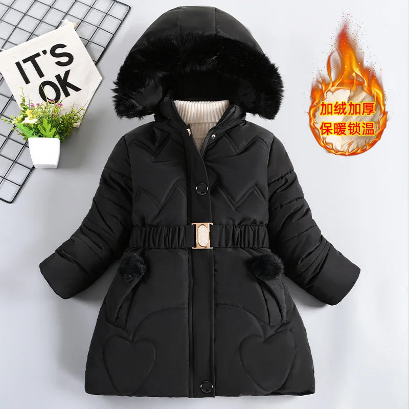 Thick Keep Warm Winter Girls Jacket Detachable Hat Plush Collar Hooded Padded Lining Coat For Kids Children Birthday Present girls jackets and coats