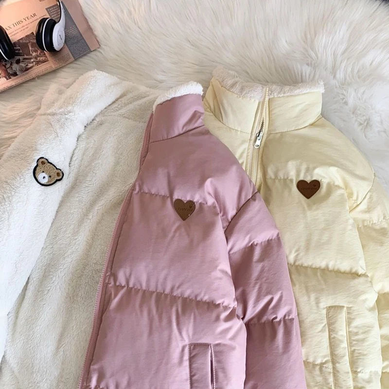 Carino ricamo parka cappotto donne inverno moda spesso sciolto caldo giacca design bifacciale rosa vestiti per studenti