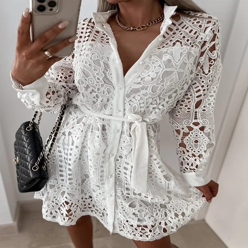 Women's Solid Color Hollow Out Lace Dress Summer New Dress Shirt Women's Sexy Single-Brewed Long Sleeve Stand Collar long Dress