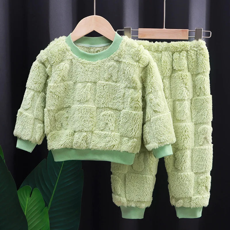 Baby flannel pajamas Korean casual solid color home clothing set for childrens long sleeved pajamas and girls warm underwear set night wear girls