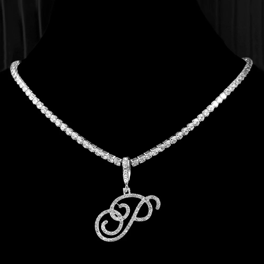 New Cursive Letters Cubic Zirconia Chain Intial Name Necklace Hip Hop Jewelry Gold Silver Color CZ 26 Alphabet Pendant Necklaces necklace