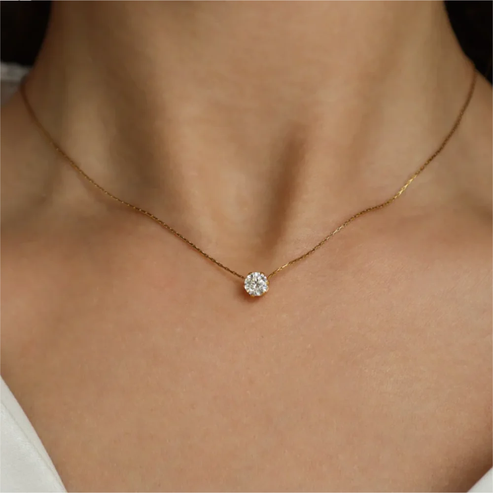 Gold Plated Stainless Steel Dainty Minimalist Zircon Charm Anti Tarnish Chain Round Clear Cz Stone Necklace for Women Jewelry  necklace