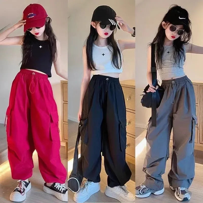 Trendy Cargo Pants For Boys Girls 6-12 Years Old Spring Autumn New Style Jazzy Street Dance Bell Bottoms Kids Pants bottoms girls