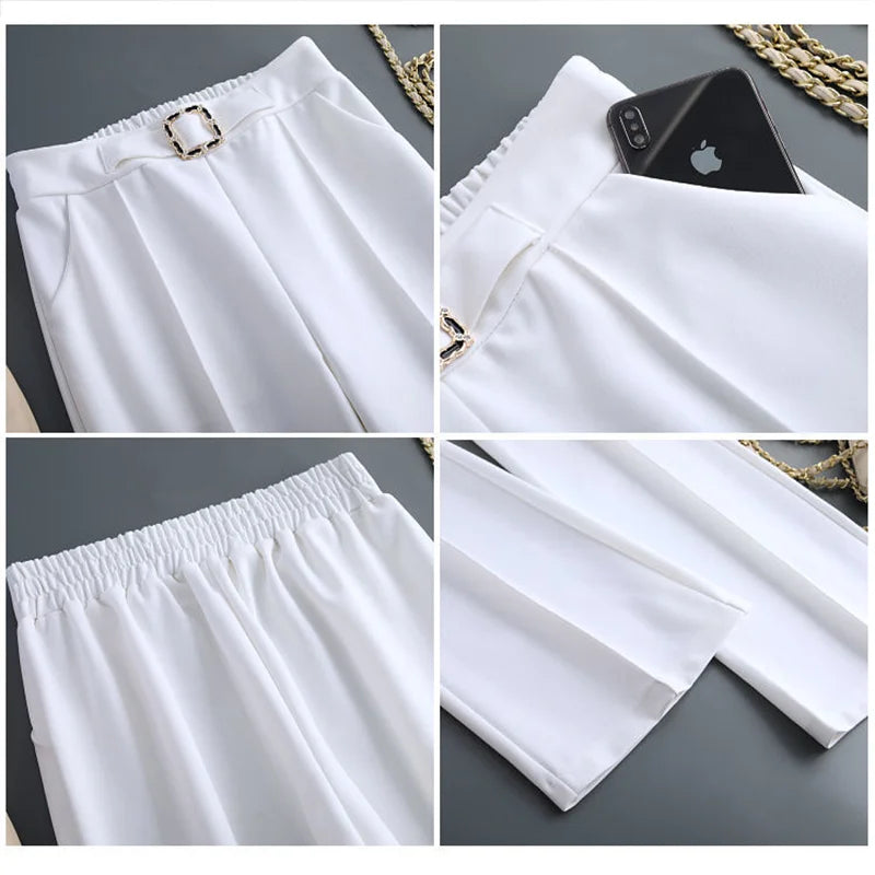 Khaki High Waist Ice Silk Wide Leg Pantalones 2023 Summer Design Mom's Straight Trousers Elegant Elastic Waist Baggy Pants Women bottom