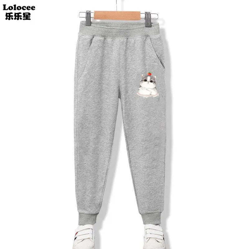 Cute Cat Cartoon Printed Girls Sweatpants Kids Sport Pants Teens Student Long Trousers For Kid 3-14 Year bottoms girls